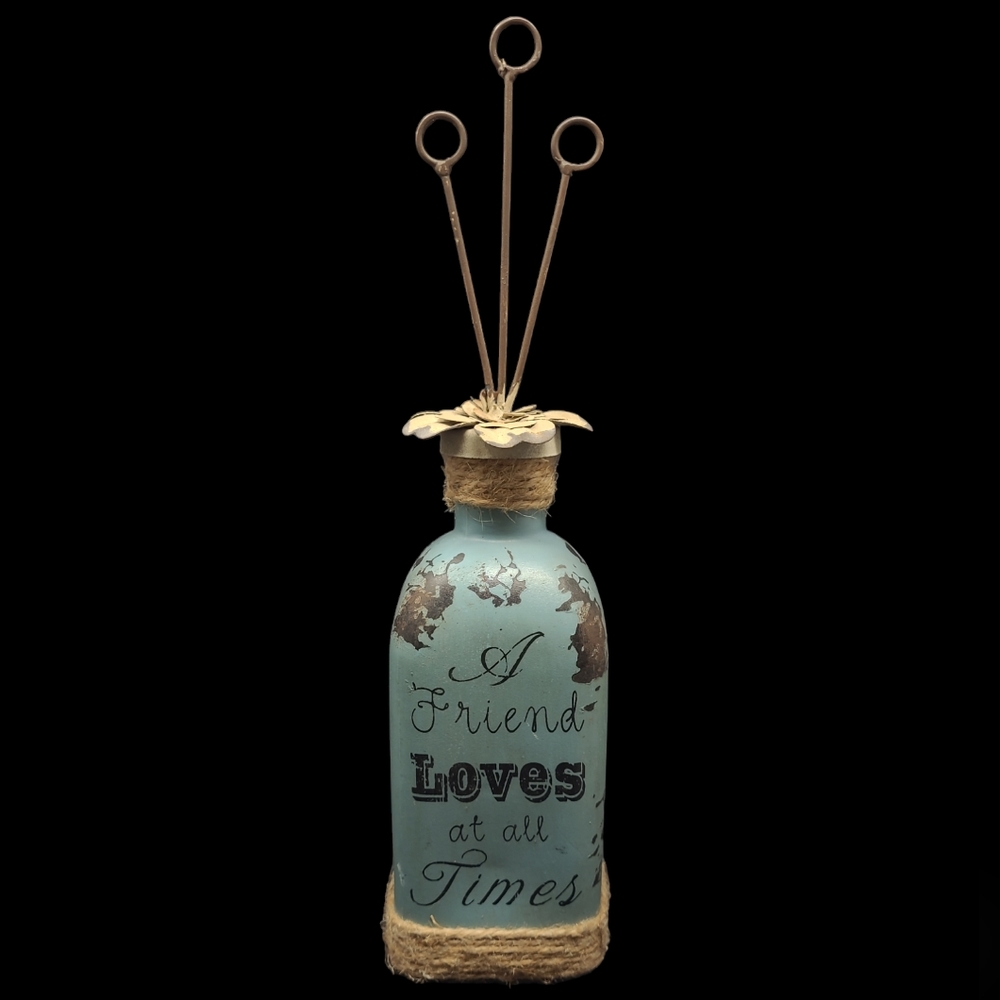 DISTRESSED VTG LOOK GLASS MILK BOTTLE PICTURE HOLDER-A FRIEND LOVES AT ALL TIMES